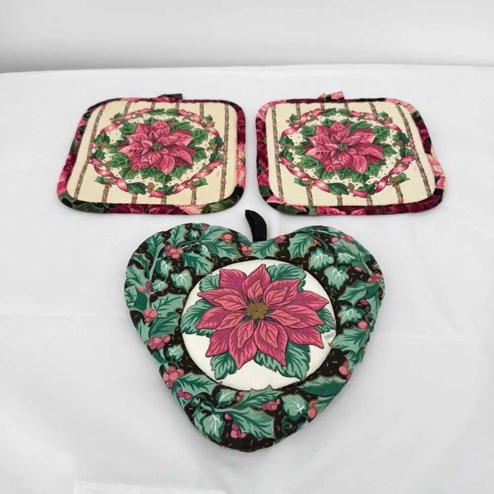 Poinsettia Cottage Country‎ Core Floral Pot Holder 3 Pc Christmas Kitchen Decor